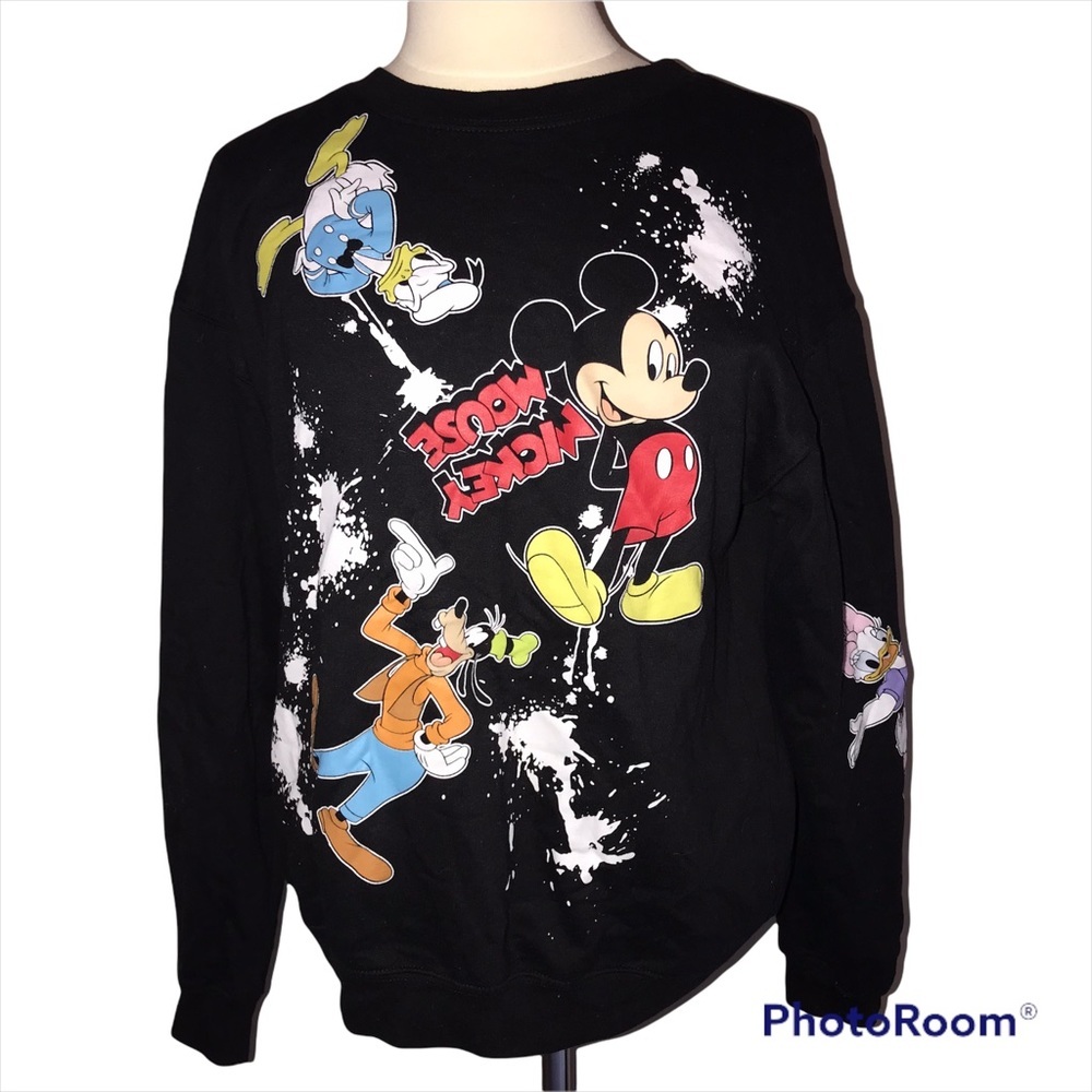Vtg Disney Splatter Paint Sweater Black Mickey Minnie Donald Daisy Goofy Sz L